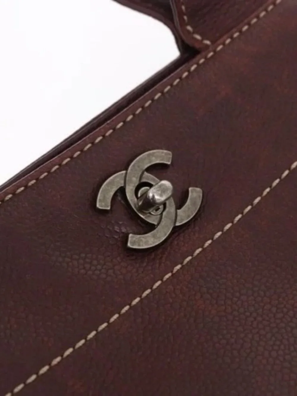 CHANEL Hand Bag Grained Calf Skin 2way Brown Silver CC Auth ka4946V